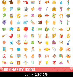 100 La charité icons set, cartoon style Illustration de Vecteur