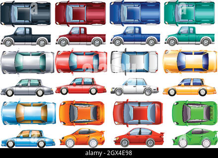 Jeu de voitures et de camions dans de nombreuses couleurs Illustration de Vecteur