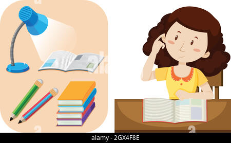 Fille faisant des devoirs sur table Illustration de Vecteur