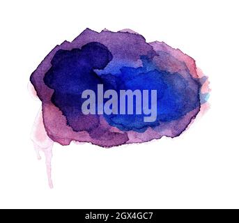 Tache d'aquarelle lilas avec éclaboussures et taches. Point violet isolé sur fond blanc. Spot bleu-rose brillant dessiné à la main. Banque D'Images
