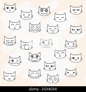 Le chat fait face au kawaii. Chatons dessinés à la main emoji. Félins. Noir et blanc. Illustration de Vecteur