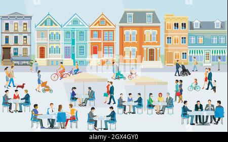 Ville avec piétons et familles à temps libre, zone sans voiture, illustration Illustration de Vecteur