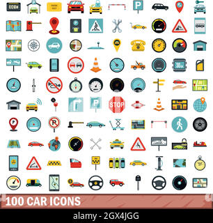 Voiture 100 icons set, style plat Illustration de Vecteur