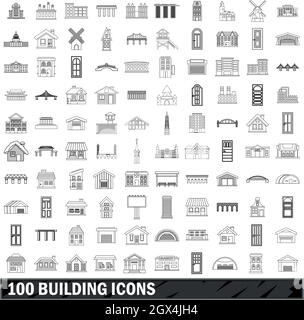 ensemble de 100 icônes de bâtiment, style de contour Illustration de Vecteur