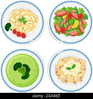 Différents types d'aliments sur l'assiette Illustration de Vecteur