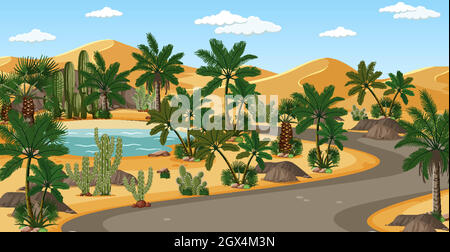 Oasis dans le désert avec palmiers et paysage de la route Illustration de Vecteur