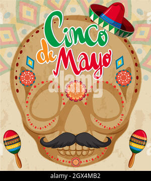 Modèle de carte Cinco de mayo avec crâne humain Illustration de Vecteur