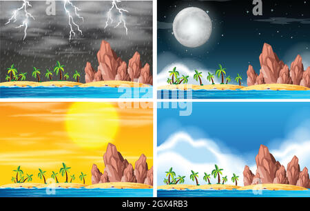 Ensemble de scène de l'île par temps différent Illustration de Vecteur