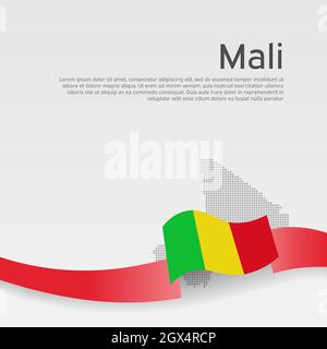 Drapeau du Mali, carte en mosaïque sur fond blanc. Ruban ondulé avec le drapeau du mali. Bannière vectorielle, affiche nationale. Couverture du livret d'affaires. État Illustration de Vecteur