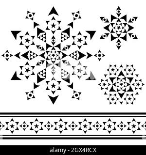 Ensemble géométrique de Noël à motif flocons de neige ou étoiles, éléments graphiques de décoration d'hiver en noir sur fond blanc Illustration de Vecteur
