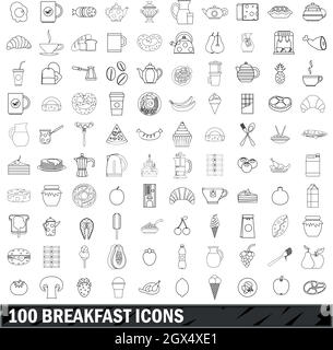 100 icons set petit-déjeuner style du contour, Illustration de Vecteur