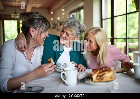 Des amis aînés heureux ayant du café et du gâteau et parlant à l'intérieur à la maison. Banque D'Images