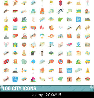 100 city icons set, cartoon style Illustration de Vecteur