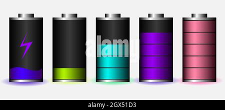 Ensemble d'illustrations vectorielles avec une batterie chargée et déchargée pour un smartphone. Isolé sur fond noir. SPE 10 Illustration de Vecteur