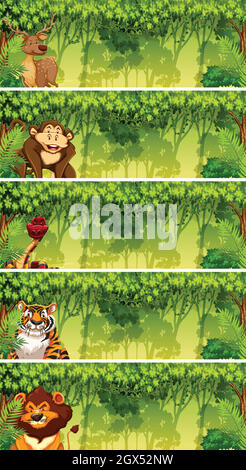 Ensemble d'animaux dans des scènes de jungle Illustration de Vecteur