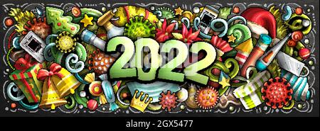 2022 dessin animé de jolis gribouillis nouvel an et illustration du coronavirus. Illustration de Vecteur