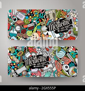 Ensemble de bannières horizontales de dessin animé mignon à motif de gribouillages de médecine Illustration de Vecteur