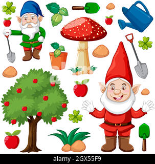 Ensemble de gnome et icône de jardin en style de dessin animé sur fond blanc Illustration de Vecteur