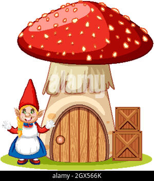 Gnomes debout à côté de personnage de dessin animé de maison de champignon sur fond blanc Illustration de Vecteur