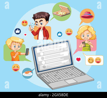 Ordinateur portable avec icône de médias sociaux emoji style de dessin animé isolé sur fond bleu Illustration de Vecteur