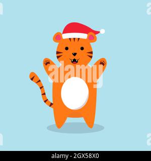 Un joli dessin animé tigre dans un chapeau de Noël Illustration de Vecteur