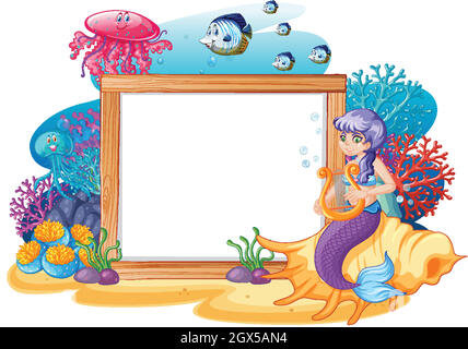 Thème Mermaid et animal de mer avec bannière vierge style de dessin animé sur fond blanc Illustration de Vecteur