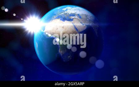 Terre - vue de l'espace à l'Europe et l'Afrique, l'éblouissement solaire. Éléments de cette image fournis par la NASA - Illustration 3D Banque D'Images