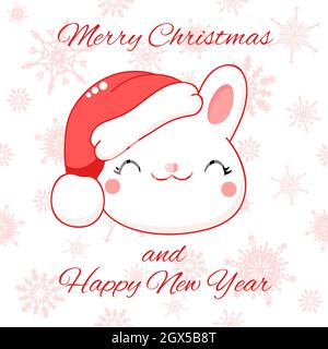 Carte de Noël carrée avec lapin kawaii. Joli lapin blanc en chapeau de père Noël. Inscription Joyeux Noël et Bonne Année. Illustration vectorielle Illustration de Vecteur