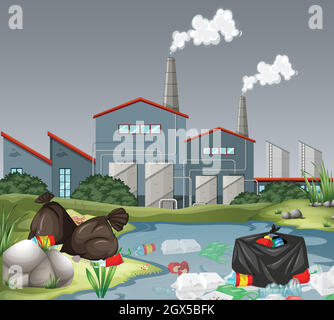 Scène avec usine et pollution de l'eau Illustration de Vecteur