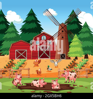 Scène de ferme avec des animaux et des cultures Illustration de Vecteur