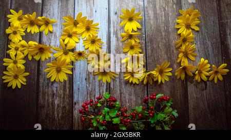 Concept d'automne, le mot « automne » est disposé avec des fleurs jaunes sur fond de bois décoré de baies Banque D'Images