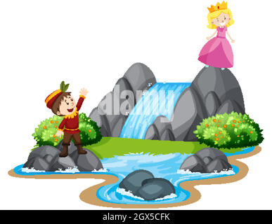 Scène avec prince et princesse près de la cascade Illustration de Vecteur