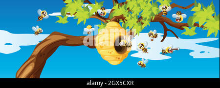 Les abeilles volent autour de la ruche Illustration de Vecteur