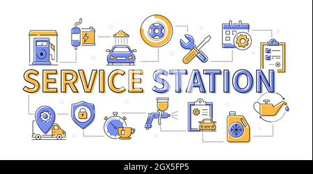 Station-service - bannière moderne de style design de ligne. Collection de photos en bleu et jaune sur le sujet de l'entretien des véhicules. Station-service, c Illustration de Vecteur