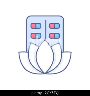 Médecine biologique - icône moderne de style de design de ligne sur fond blanc. Image nette et détaillée de l'emballage des pilules et de la fleur blanche de lotus. L'idée de traiter Illustration de Vecteur
