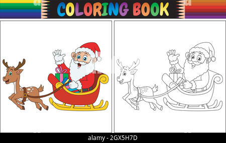 Dessin animé du livre de coloriage le père noël à cheval sur son traîneau à rennes Illustration de Vecteur