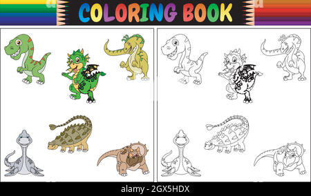 Livre de coloriage avec collection de dessins animés de dinosaures Illustration de Vecteur