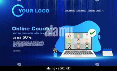 Illustration vectorielle d'un ordinateur portable ouvert et d'une conversation vidéo active. Concept de bureau à domicile, d'éducation, de pigiste et de réunion d'affaires. Illustration de Vecteur