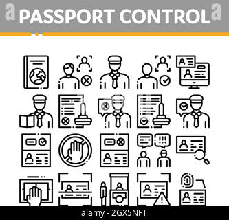 Vérifier le contrôle de passeport Collection Icons Set Vector Illustration de Vecteur