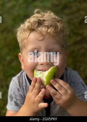 un garçon aux cheveux bouclés blond mange une pomme cueillies dans le jardin Banque D'Images