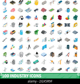 100 icônes de l'industrie, jeu 3D isométrique style Illustration de Vecteur