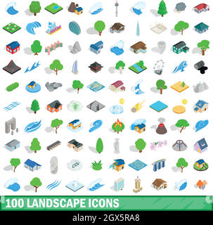 100 icônes du paysage, jeu 3D isométrique style Illustration de Vecteur