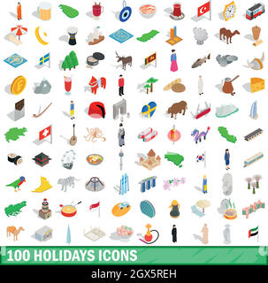 100 jours fériés icons set, style 3D isométrique Illustration de Vecteur