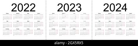 Grille du calendrier pour 2022, 2023 et 2024 ans. Modèle horizontal simple en russe. La semaine commence le lundi. Illustration du vecteur isolé sur Illustration de Vecteur