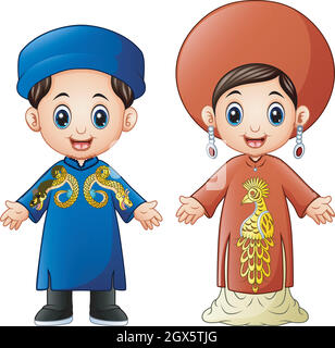 Un couple de dessins animés du Vietnam portant des costumes traditionnels Illustration de Vecteur