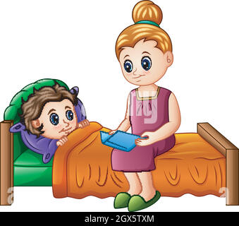 Mère de dessin animé lisant l'histoire de coucher à son fils avant de dormir Illustration de Vecteur