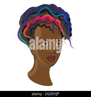 Portrait d'une femme noire, avec des cheveux bouclés colorés. Visage de fille afro-américaine, illustration vectorielle. Illustration de Vecteur