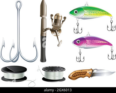 Kit de pêche avec crochets et couteau Illustration de Vecteur