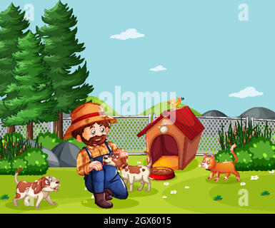 Fermier avec ferme d'animaux dans la scène de ferme dans le style de dessin animé Illustration de Vecteur