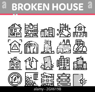 Les icônes de la collection Broken House Building définissent le vecteur Illustration de Vecteur